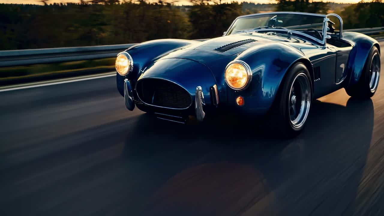 Dynamic low-angle shot of a classic blue sports car speeding on a highway at sunset
