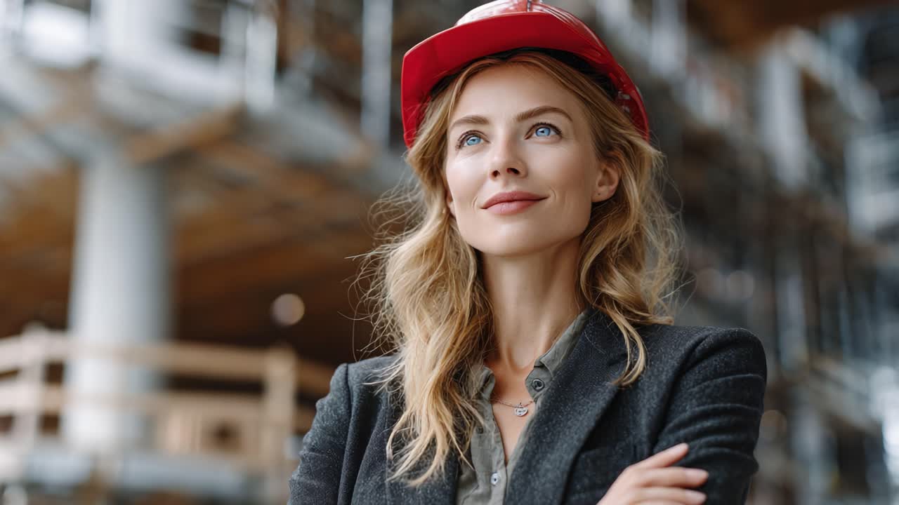 Confident worker in a construction environment, wearing a red hard hat and presenting an air of determination and professionalism amidst a busy site, ready to take on challenges