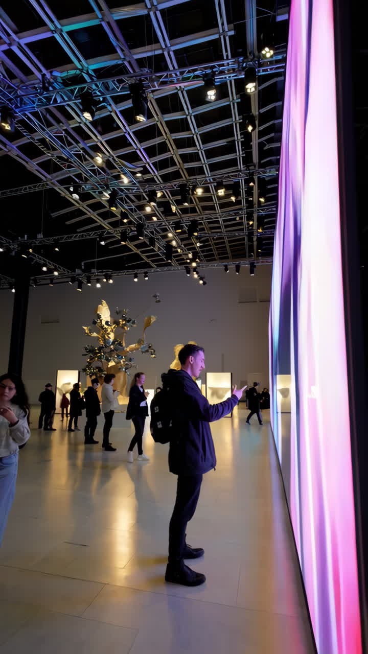 Visitors interacting with a large LED art installation at a modern exhibition