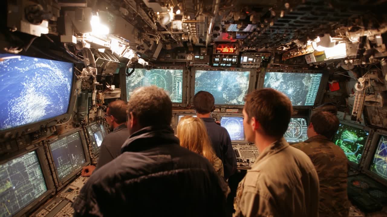 A Group of Operators Engaged in Monitoring from a Complex Control Room Filled with High-Tech Screens Displaying Vast Data and Navigation Information