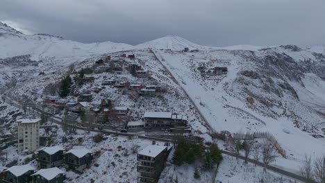 slow establishing shot of the small farellones village on the side of an andean mountain