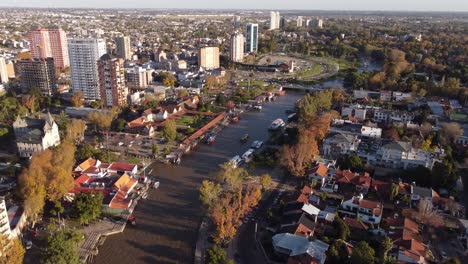 Aerial-establishing-shot-over-Tigre-city-and-Lujan-river-in-Buenos-Aires-province,-Argentina