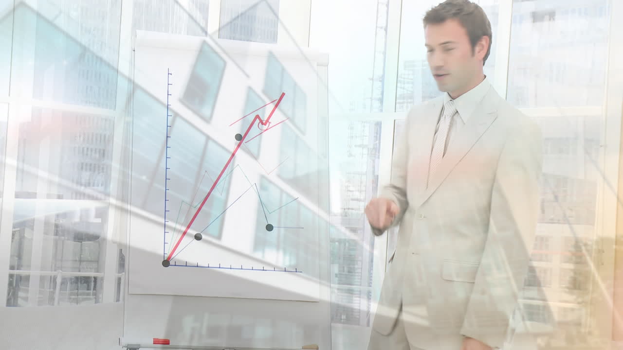 비즈니스맨이 도시 풍경에 대해 프레젠테이션을 하는 금융 데이터 처리의 애니메이션