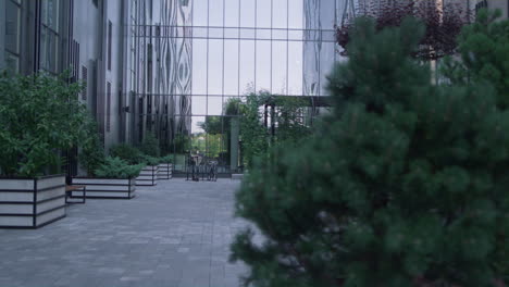 landscaped garden at office building. european business center construction.