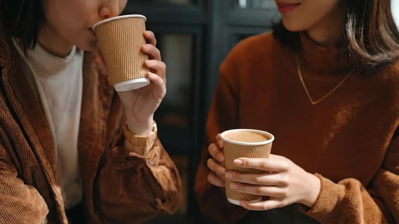 Warme, gemütliche Video-Szene von zwei Personen, die Kaffeetassen halten, aufgenommen aus einem nahen Winkel