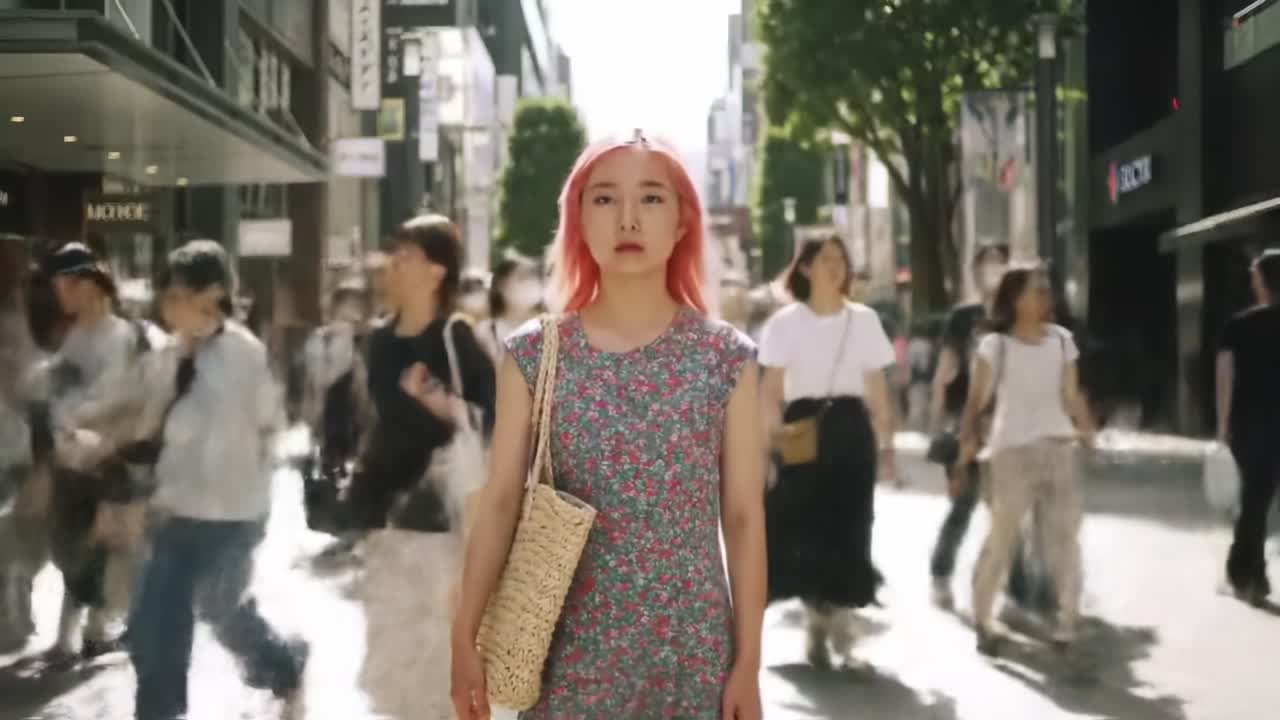 A girl with pink hair stands still among a crowd in a bustling shopping area. The sun shines brightly, illuminating the vibrant street filled with people and shops.