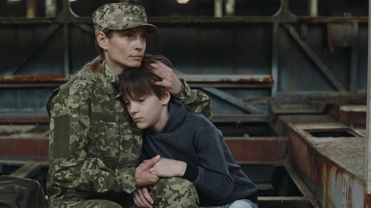 Military Mother and Son in Abandoned Factory