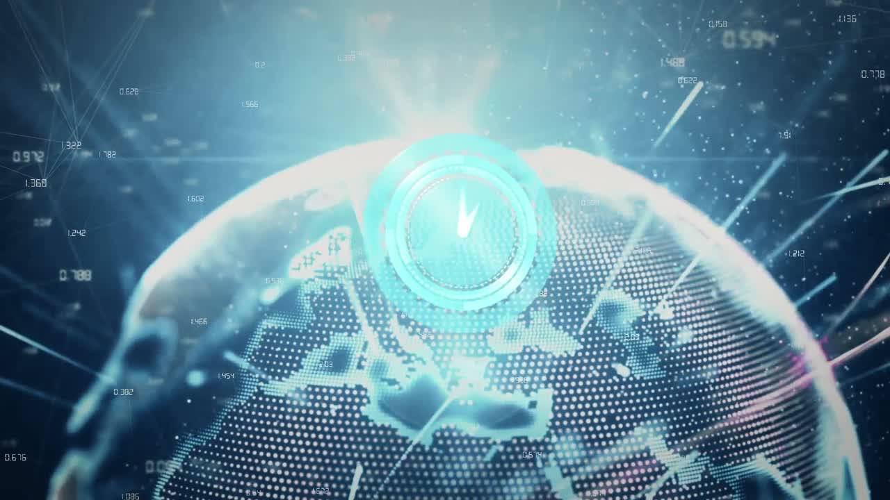 animación de la red de conexiones y el reloj sobre el globo sobre fondo oscuro