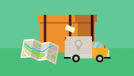 paper map with truck and box carton delivery service