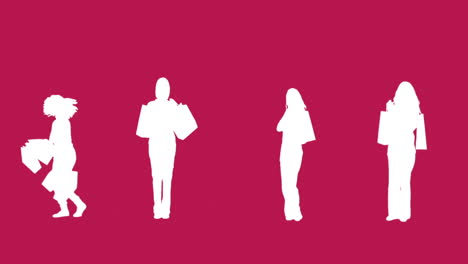 silhouettes of women with her shopping on pink background