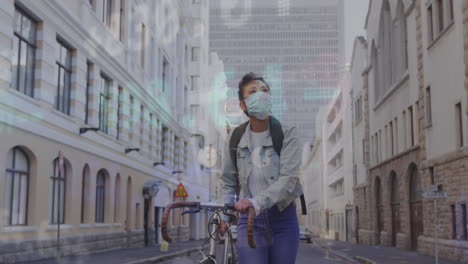 animation of stock market data processing over asian woman wearing face mask with bicycle walking