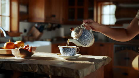 pouring tea in a cozy kitchen