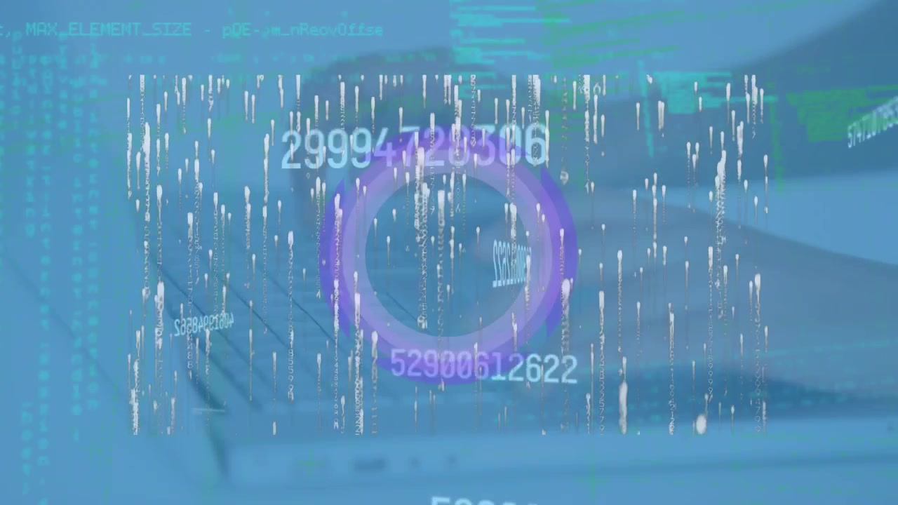 Animation of data processing and scope scanning over hands typing on keyboard