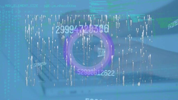 Animation of data processing and scope scanning over hands typing on keyboard