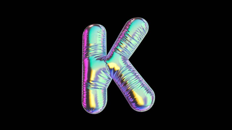 Lettera K a palloncino iridescente rotante su sfondo nero