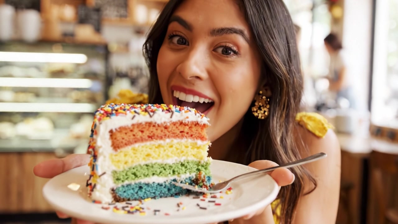 Una celebrazione gioiosa: una donna che assapora una torta a strati colorata in un accogliente ambiente di pasticceria con decorazioni luminose e un'atmosfera allegra.