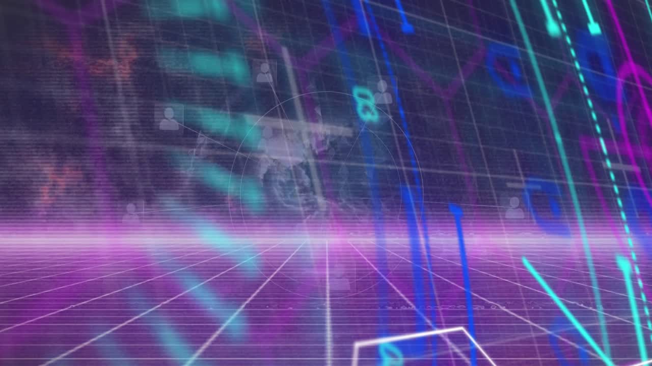 animación de la exploración del alcance sobre iconos de perfil en todo el mundo en el patrón de cuadrícula contra el espacio