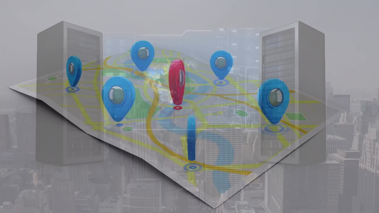animación de mapas digitales, servidores y paisajes urbanos