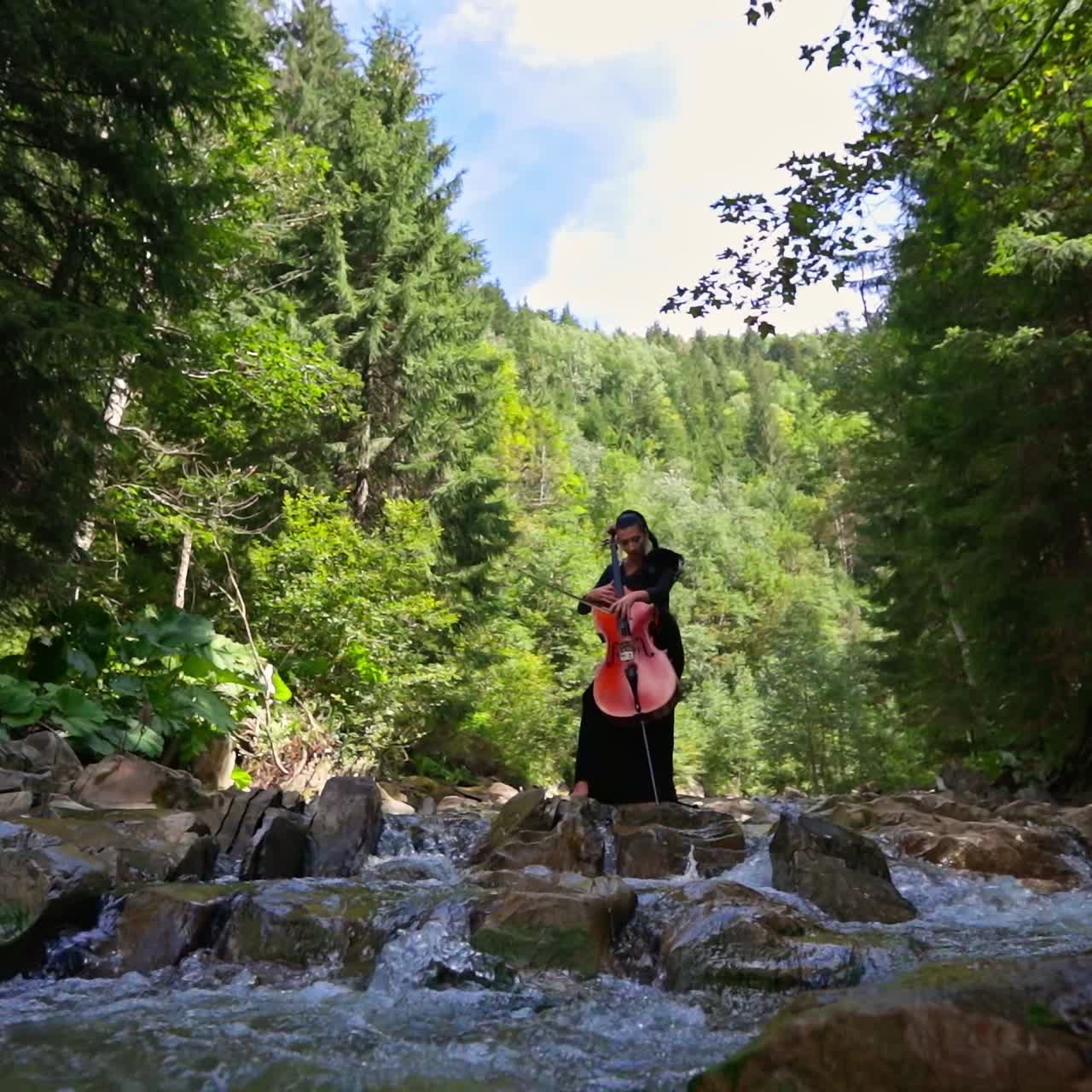 Woman plays the cello in nature. Female musician in black dress performing music in the forest among water. Violinist stands on stones of a shallow river.