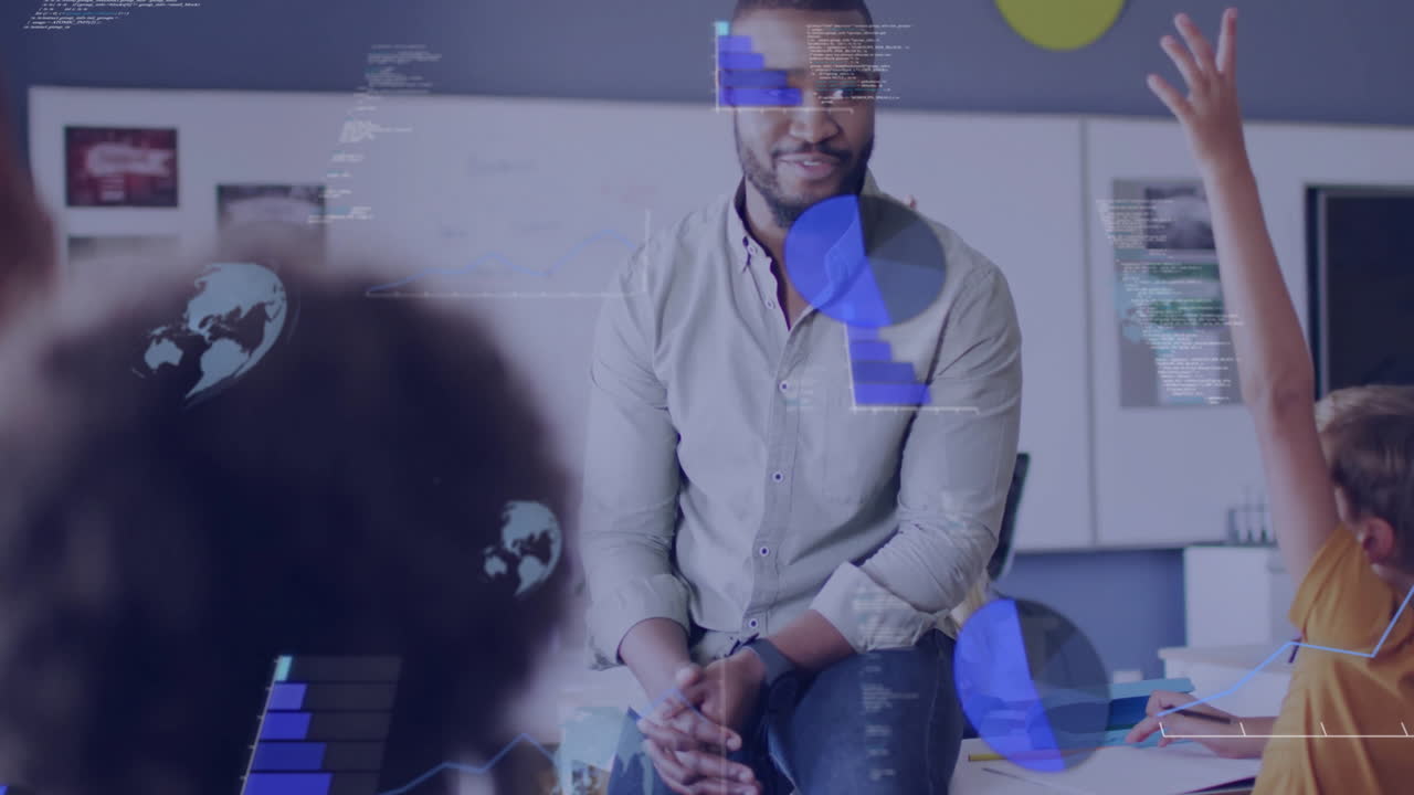 Animation of data processing over diverse schoolchildren and male teacher in classroom