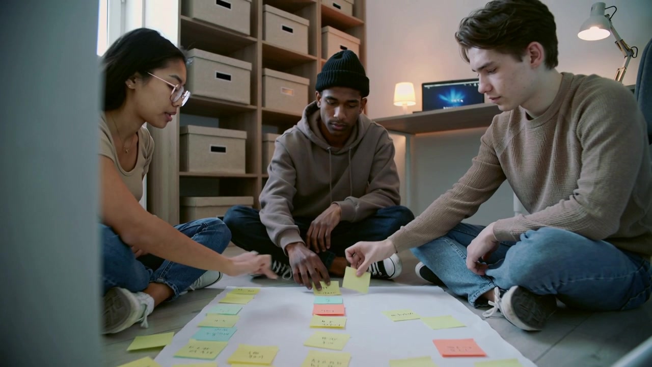 Tre compagni di squadra iniziano a disporre post-it su un poster sul pavimento dell'ufficio di casa, pianificando con il laptop.