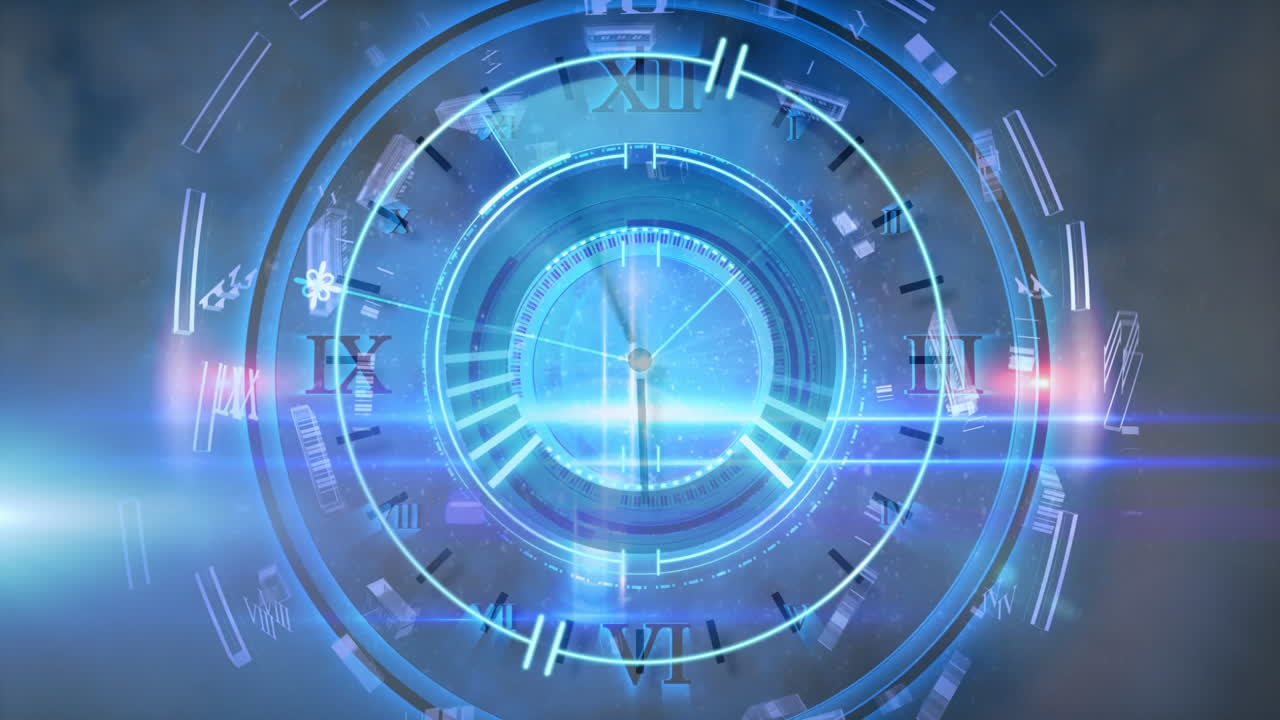 파란색 배경에 빠르게 움직이는 시계 위의 범위 스캐닝의 애니메이션