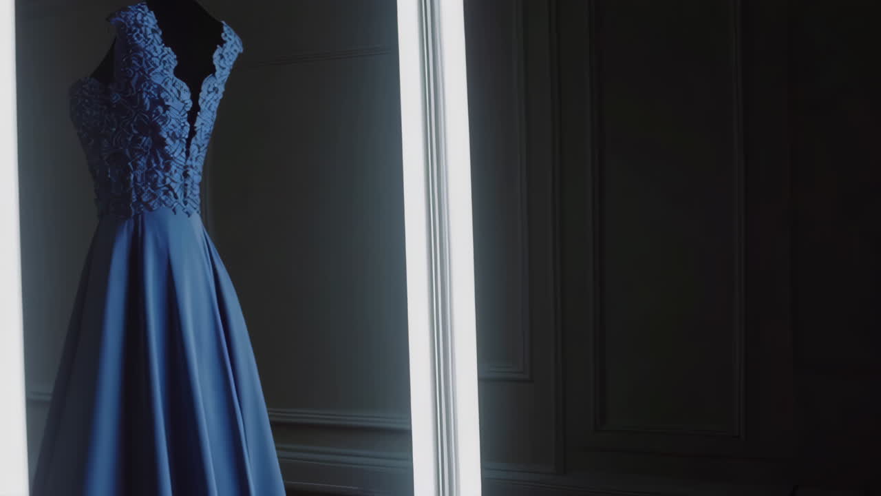 Elegant Blue Dress Displayed in a Showcase