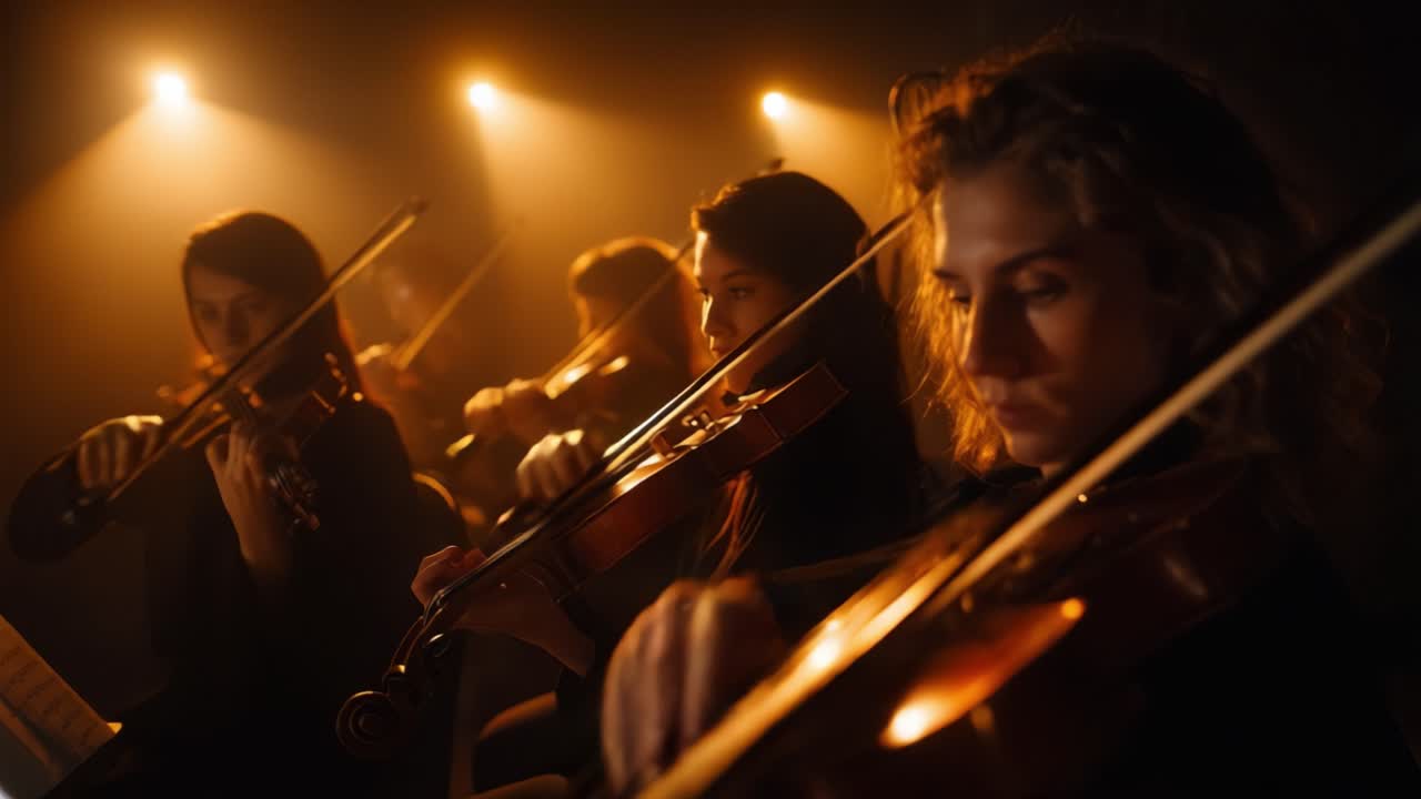Fengslende harmoni i en intim ensembleforestilling med talentfulle kvinnelige fiolinister opplyst av varm scenelys