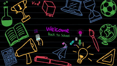 welcome back to school text banner and school concept icons on black background