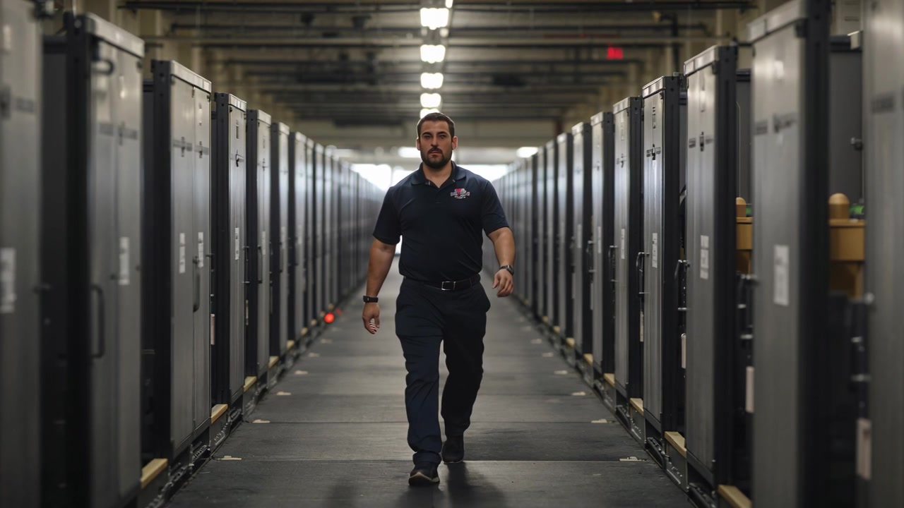 Starting at far end walking worker wearing navy polo down corridor, heading to check cabinets
