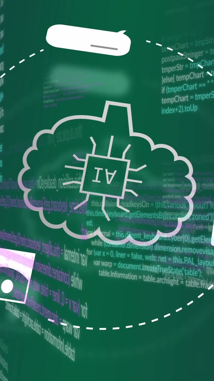 Animasjon av AI-databehandling og ikoner over grønn bakgrunn