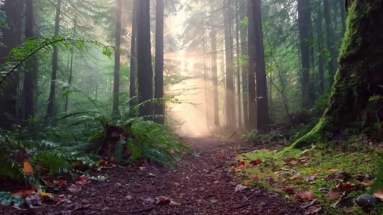 Luce Solare che Filtra Attraverso un Sentiero Forestale Nebbioso