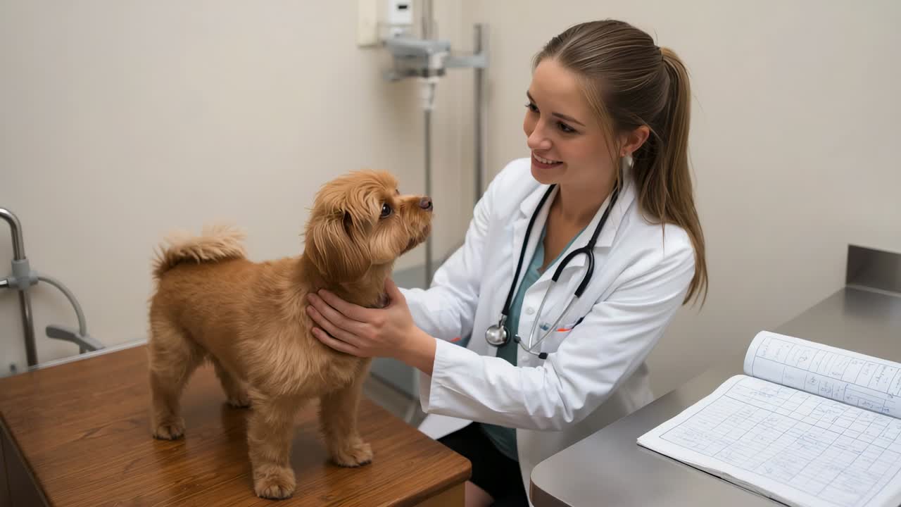 Placing, female vet examining small brown dog on exam table for checkup, wearing white lab coat