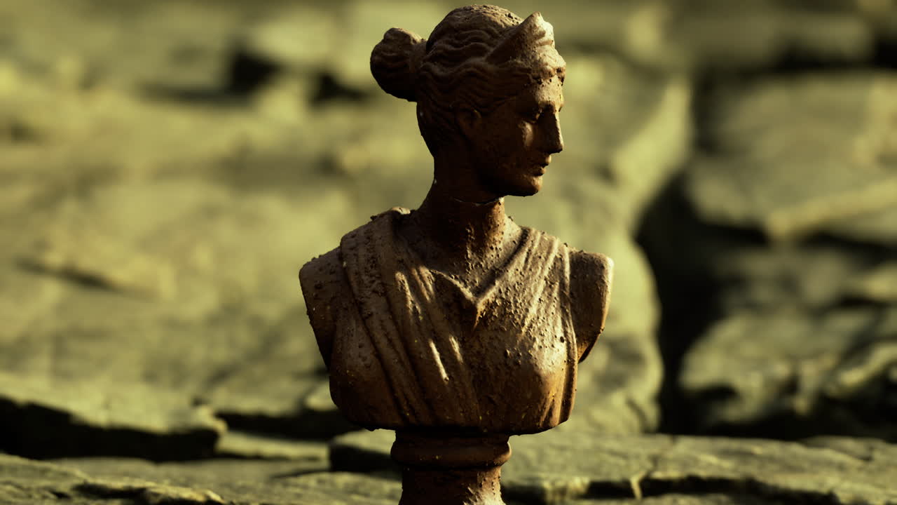 Bust of a classical figure stands on aged rock surface in warm sunlight