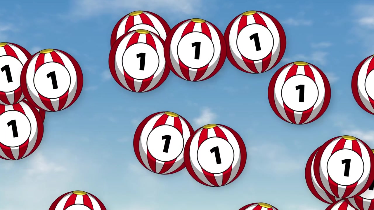 Palline della lotteria a strisce animate con il numero uno che rimbalzano su uno sfondo di cielo azzurro luminoso e nuvoloso