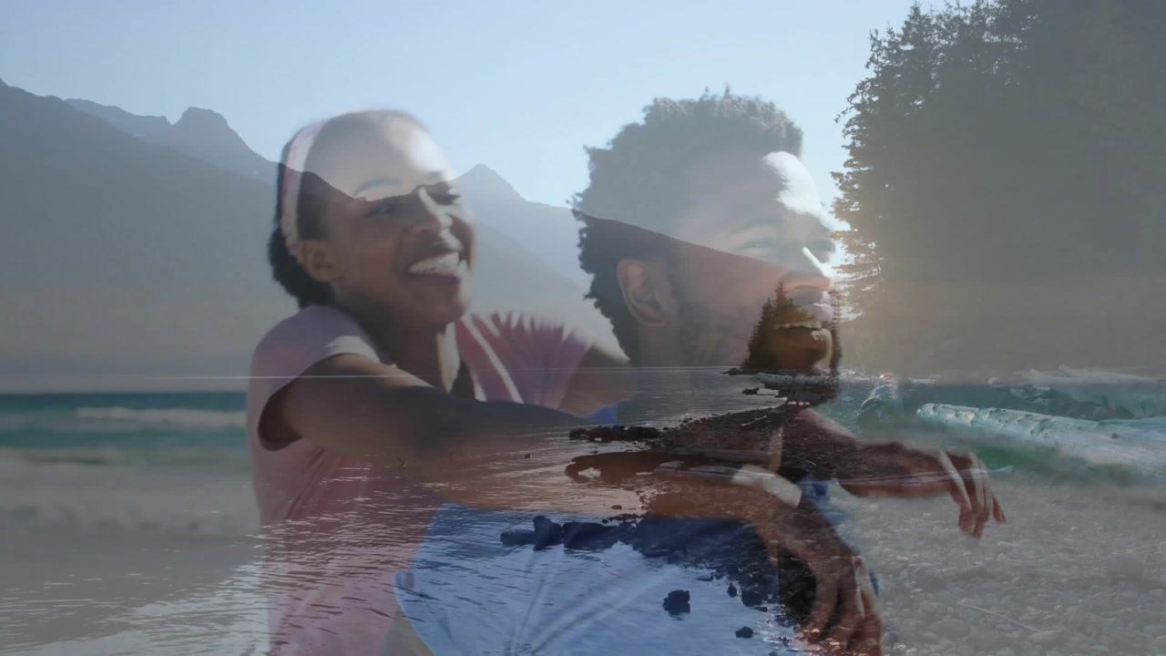 Running daughter grabbing dad, climbing on back at shore for ride, holding phone, pink top, overlay