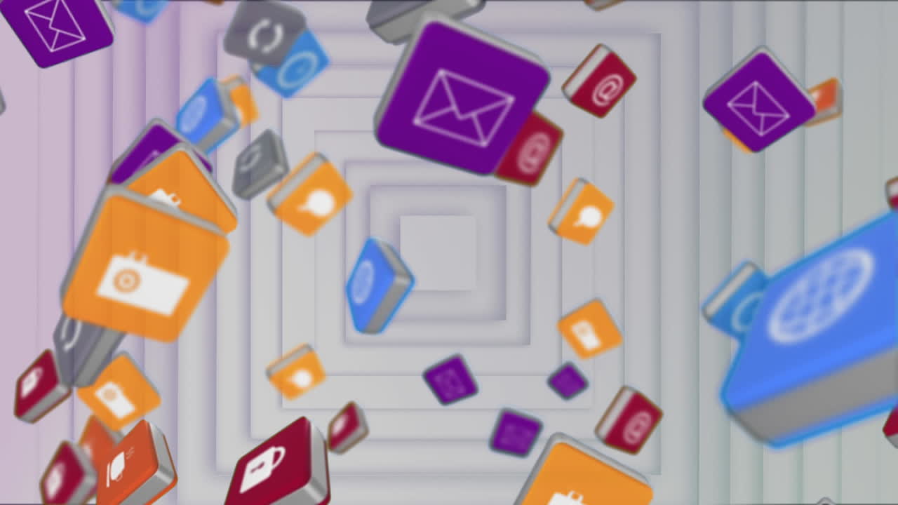 múltiples iconos digitales flotando contra cuadrados concéntricos sobre un fondo blanco