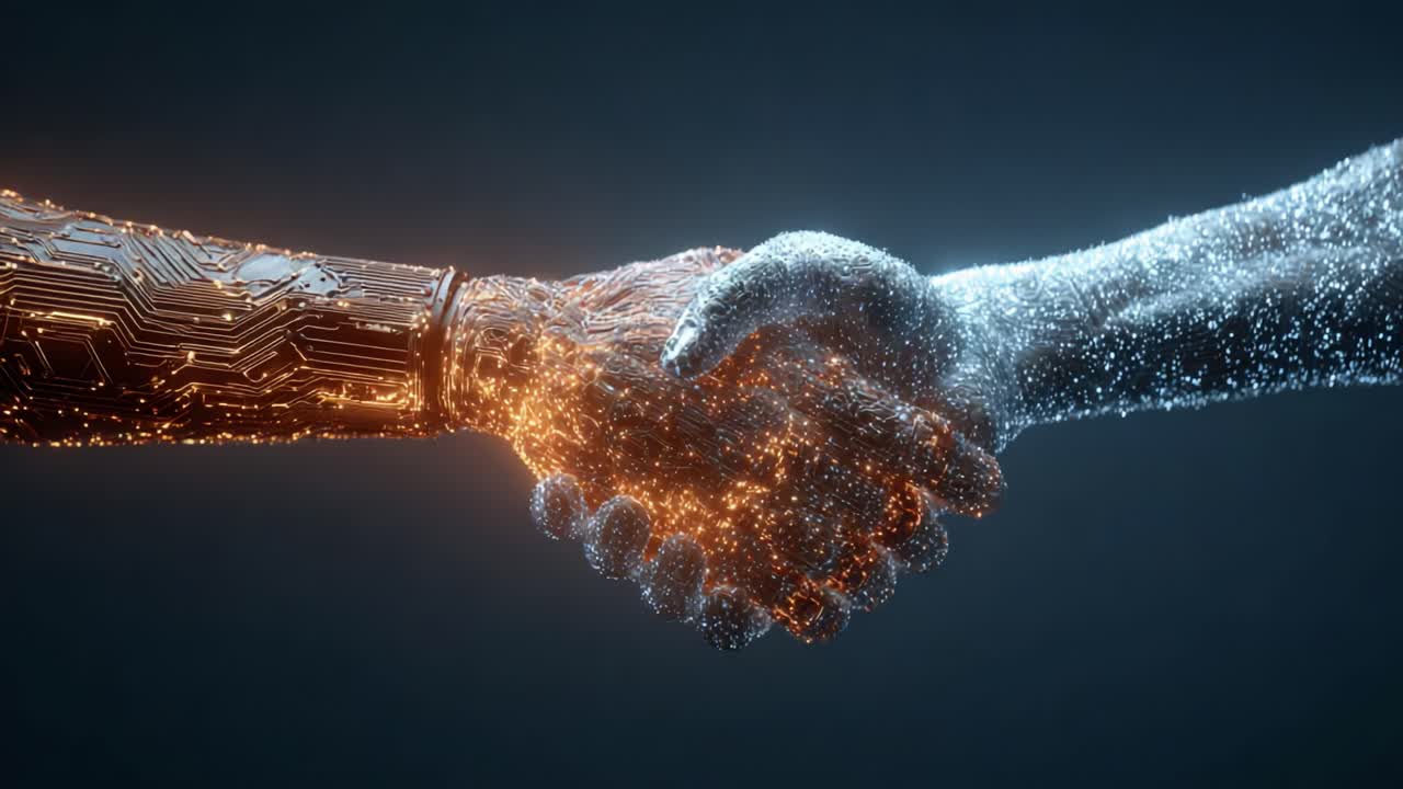 A Captivating Visualization of Partnership Between Human and Machine: The Blend of Digital and Organic Realms Showcasing Trust through a Unique Handshake