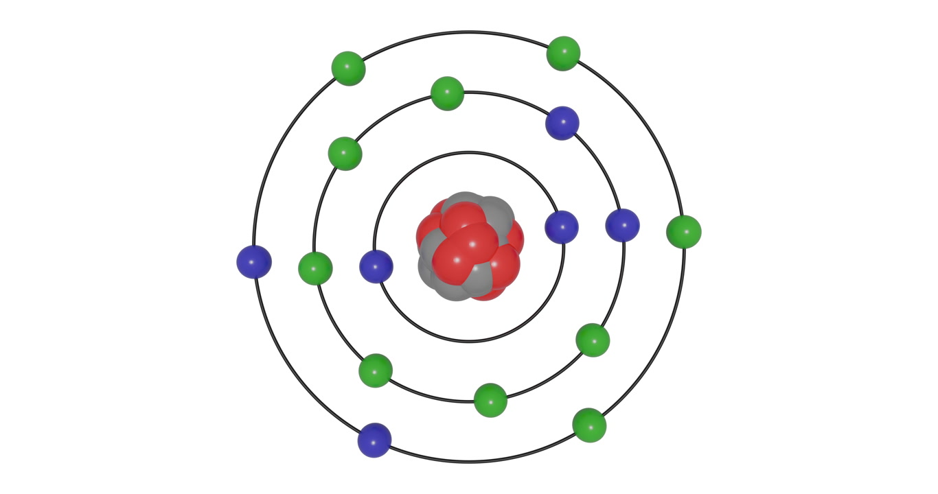 3D animation of Sulfur (S; Z=16) atom in the Bohr model with electron orbits, nucleus, protons, neutrons, and energy levels in a seamless loop. Ideal for STEM education and scientific visualization.