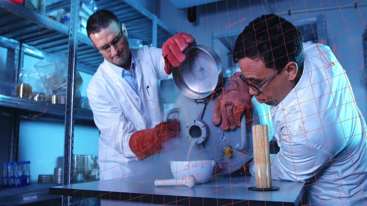 animación de ecuaciones matemáticas sobre diversos científicos varones en el laboratorio