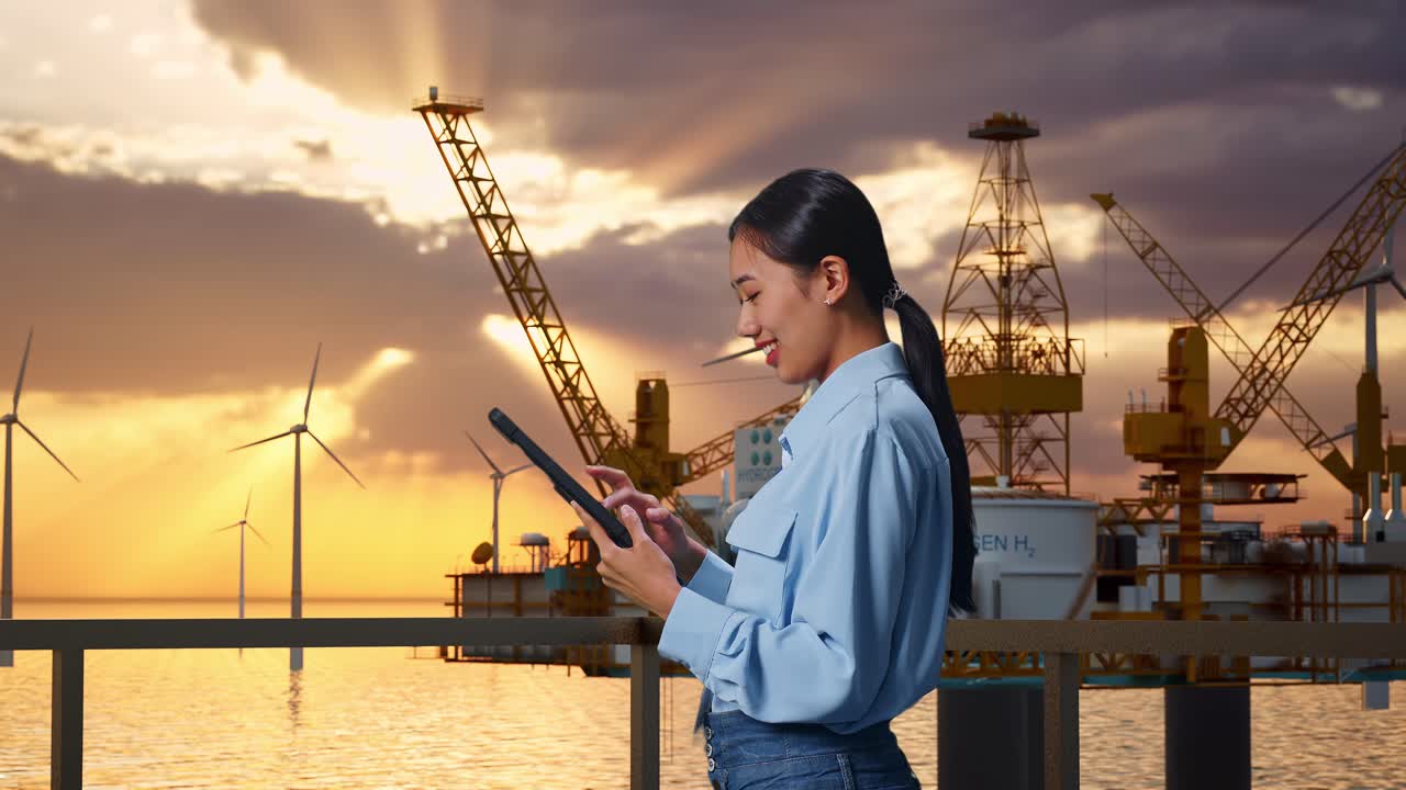 Side View Of An Asian Female Professional Worker Standing With Her Tablet With Offshore Hydrogen Production, High-tech Industrial Facility, Checking On Her Tablet With Meditation