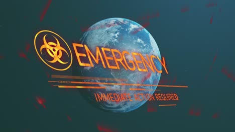 Animación-Del-Símbolo-De-Riesgo-Biológico-Y-Banner-De-Texto-De-Emergencia-Sobre-Fondo-Azul