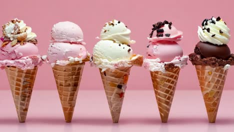 a row of ice cream cones filled with different flavors of ice creams