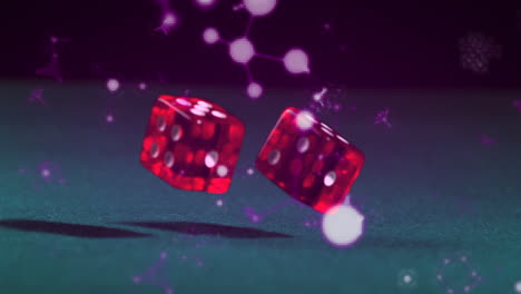 animación de moléculas sobre dados en la mesa de juego