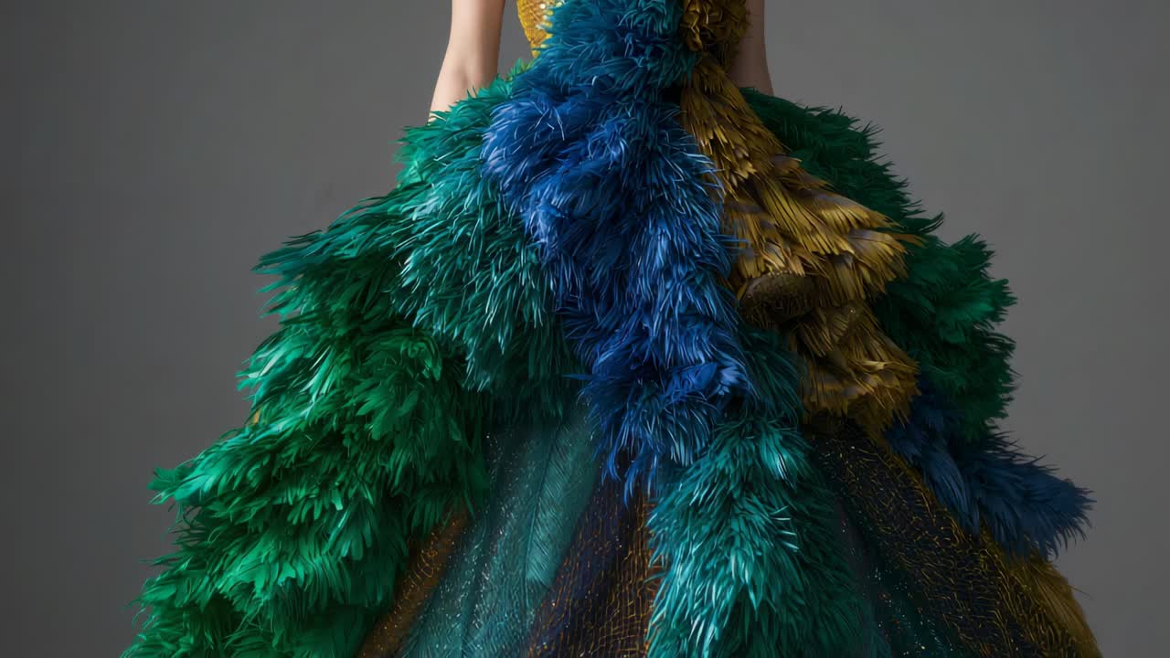 Piume fluttuanti, modella che mostra un bustier dorato e un abito di piume in studio, mettendo in risalto i dettagli del corpetto