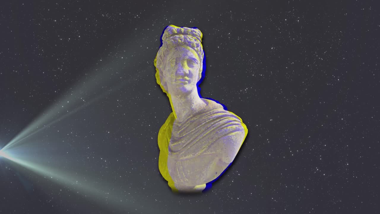 animación de interferencia sobre la escultura con rastros de luz y manchas en fondo negro.