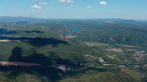 provence aerial landscape with forest lake and lavender fields france sunny day