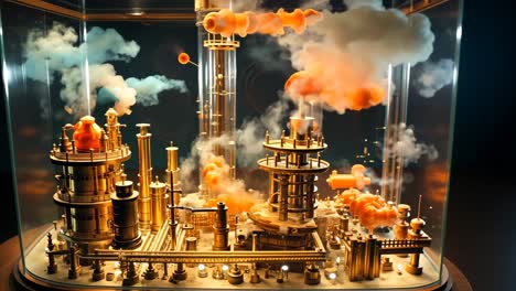 intricate steampunk factory model with dynamic cloud effects