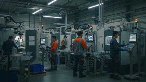 advanced automation in manufacturing: workers operating high-tech machinery in a modern industrial facility