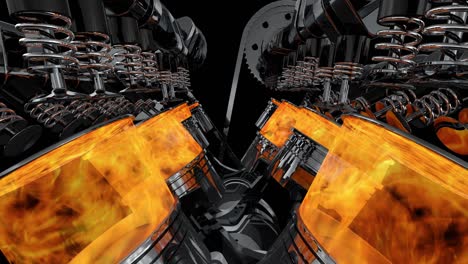 v8 engine animation with explosions. camera slowly moving.